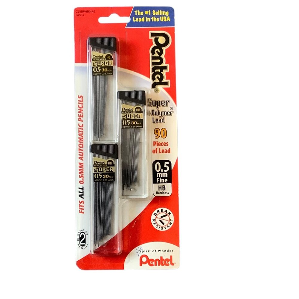 Pentel Super Hi-Polymer Lead 0.5mm HB 90 Pieces Refill For Automatic Pencils NEW